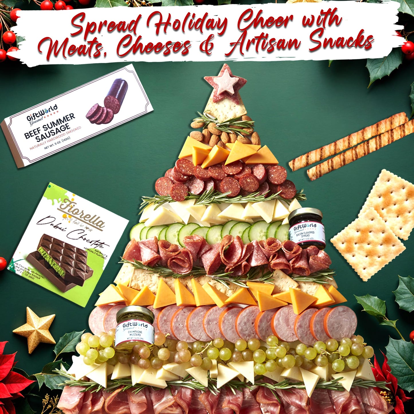 Christmas Gift Basket  Meat and Cheese Gift Baskets for Men and Women - Delicious Condiments with Dubai Chocolate  Charcuterie Food Gift Basket  Christmas Food Gifts in Christmas Gift Box (12-item Bundle)