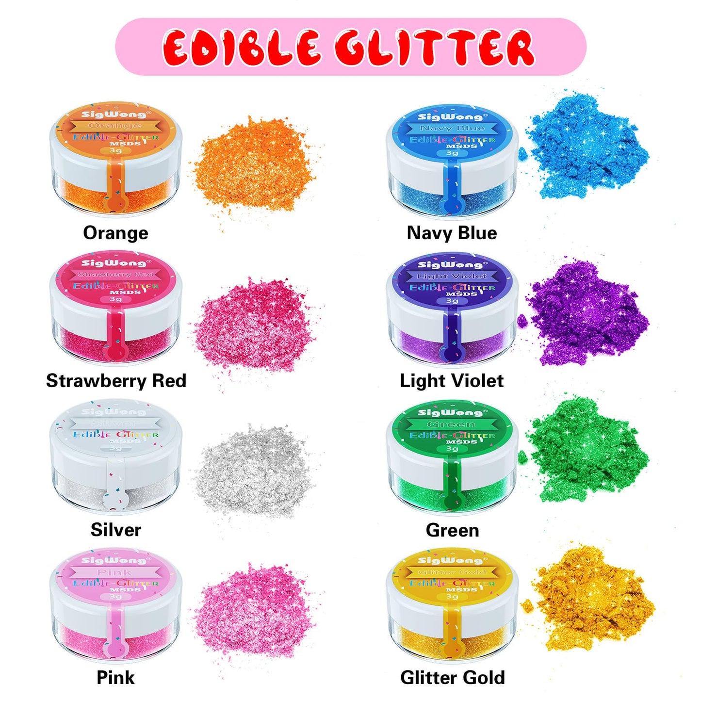 SigWong Edible Glitter Set - 8 Colors Prism Powder, 3g/bottle for Cakes, Cocktails, and Desserts