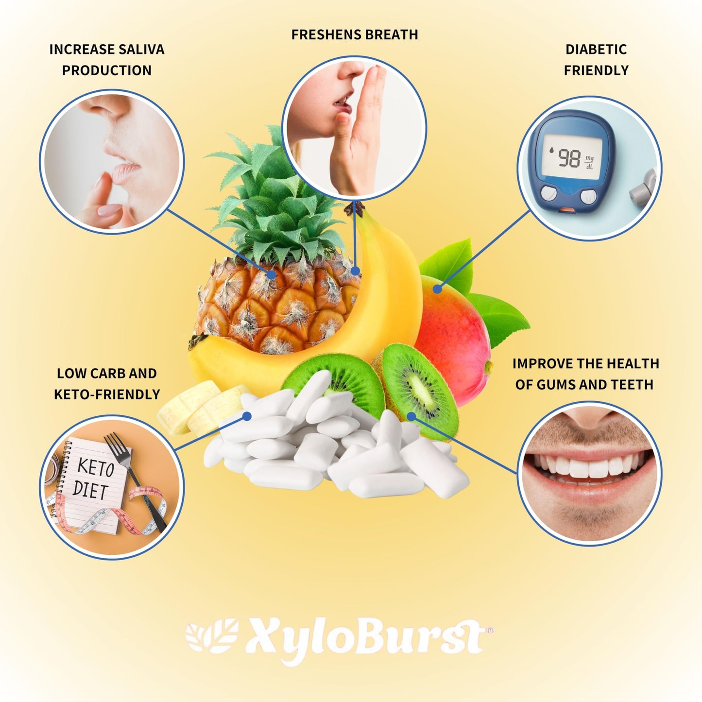 Xyloburst Gum | Xylitol Chewing Gum | Sugar Free, Gluten Free, Keto Friendly | Aspartame Free Gum For Oral Health | Fruit | 12 P