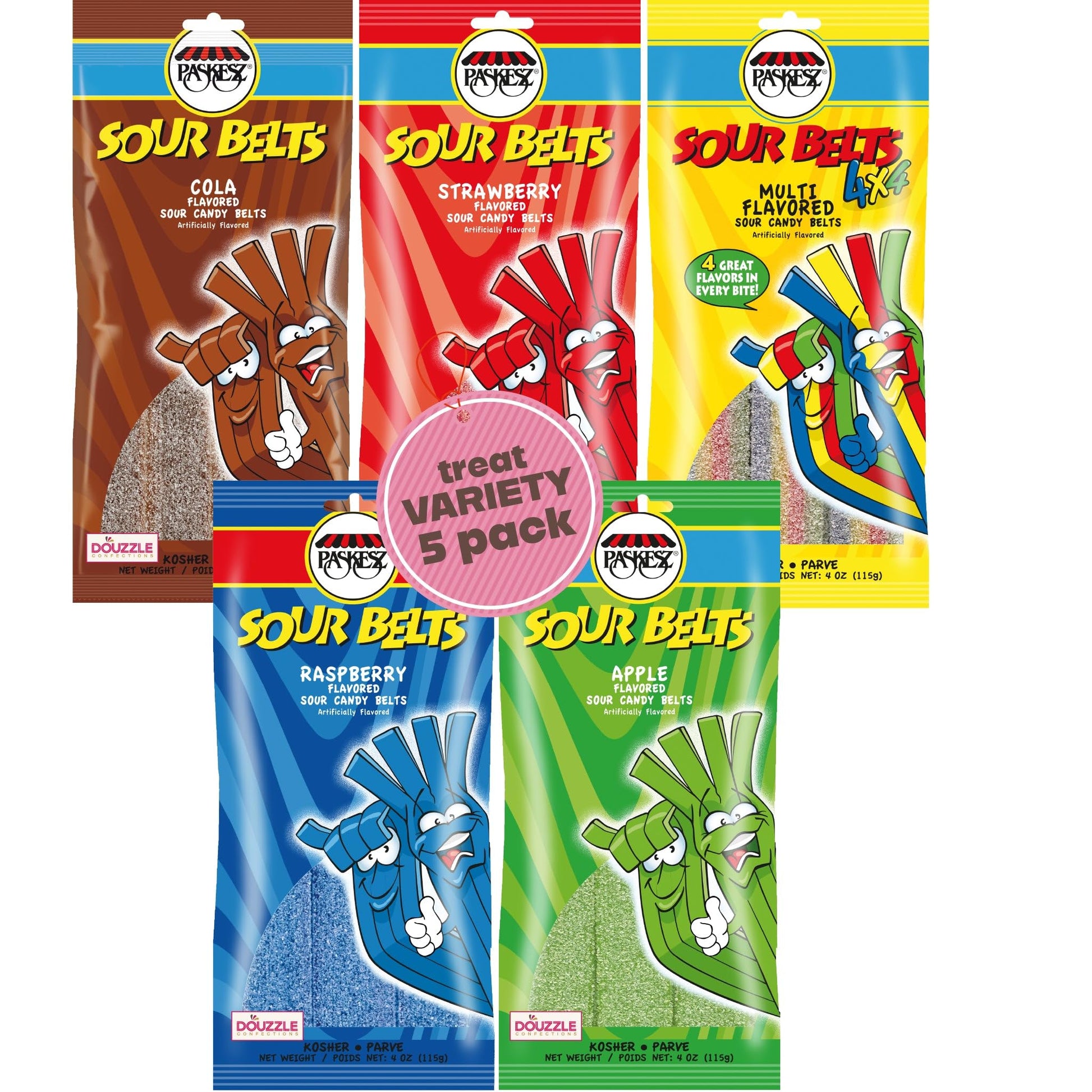 DOUzzle Back To School Sour Belts Chewy Candy Strips Variety Pack Assortment (Pack of 5) Goodie Bag Stuffer, Pinata Filler - Kos
