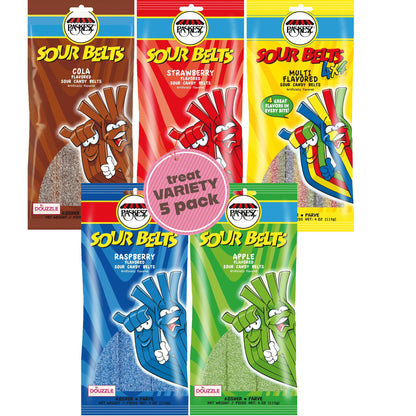 DOUzzle Back To School Sour Belts Chewy Candy Strips Variety Pack Assortment (Pack of 5) Goodie Bag Stuffer, Pinata Filler - Kos