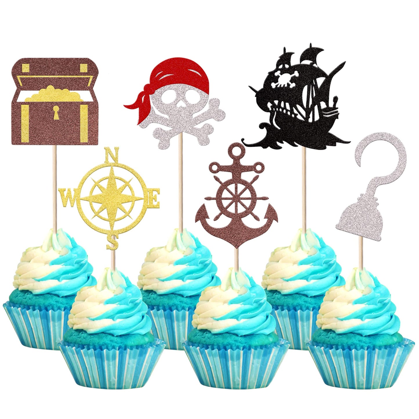 YCTHUNFISH Pirate Cupcake Toppers - 24 Pack Glitter Compass Skull & Ship Picks for Baby Shower & Kids Birthday Party Decorations