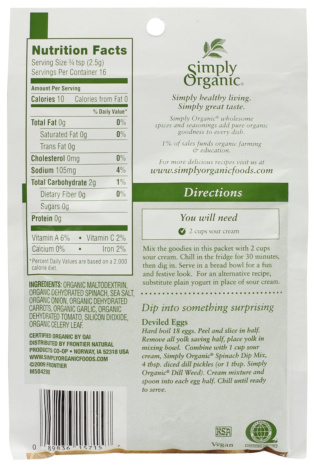 Simply Organic Spinach Dip Mix, Certified Organic, Gluten-Free | 1.41 oz