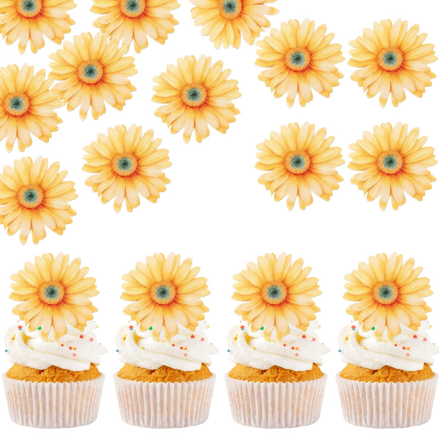 60 Pcs Edible Daisy Cupcake Toppers Wafer Paper Flower Birthday Party Decorations Edible Sunflower Cupcake Picks For Baby Shower Spring Wedding Birthday Party Cake Food Decorations Supplies Yellow