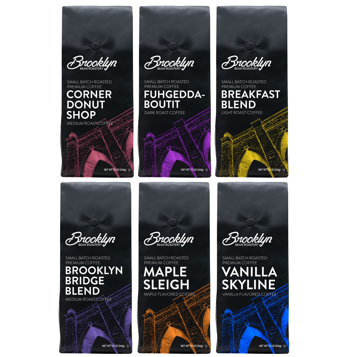 Brooklyn Beans Bagged Ground Coffee Variety Pack Light Medium Dark Roast And Flavored Assorted Gift Sampler 12 Oz Pack , 72 Ounc