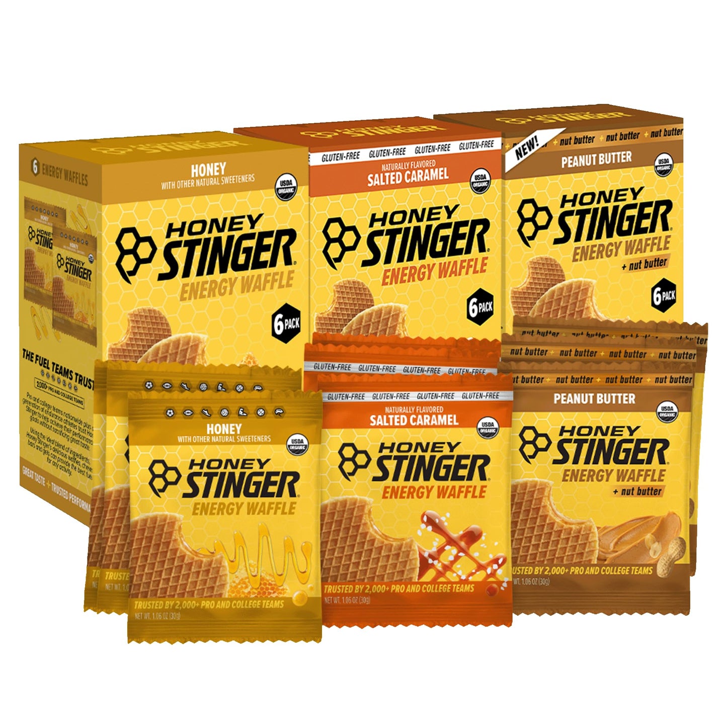 Honey Stinger Organic Energy Waffle Classic Original Flavors Variety Pack of 18, 6 Pack Each of Honey, Salted Caramel, Peanut Bu