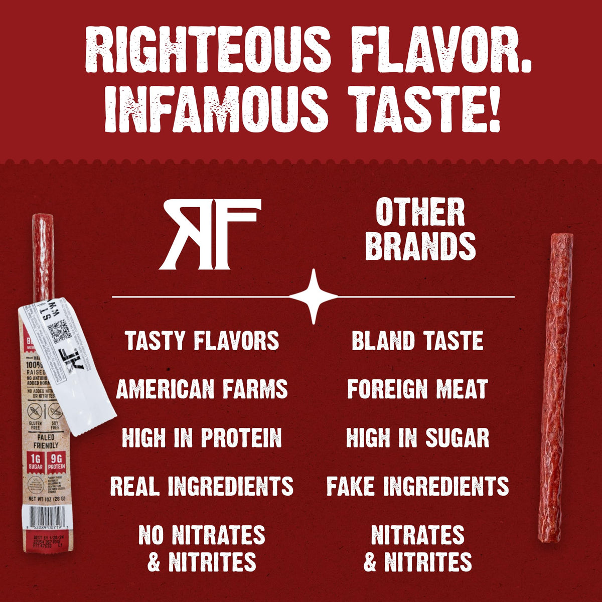 Righteous Felon Beef Sticks | Gluten Free, Low Sugar, High Protein | 10 oz Pack