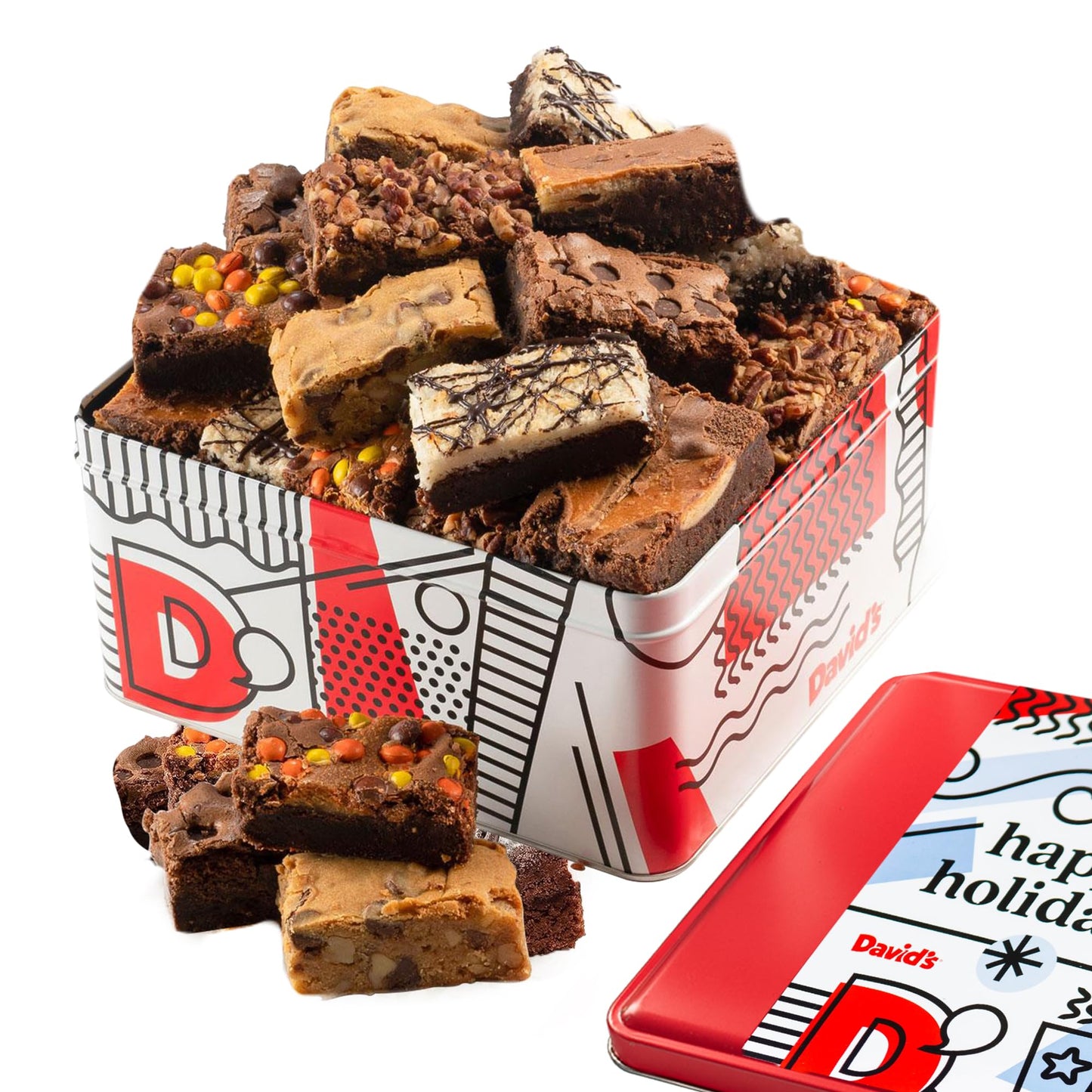 Davids Cookies Happy Holidays Assorted Brownies Tin Gift Basket 20pcs - Delicious, Fresh Baked Brownie Snacks - Gourmet Pure Cho