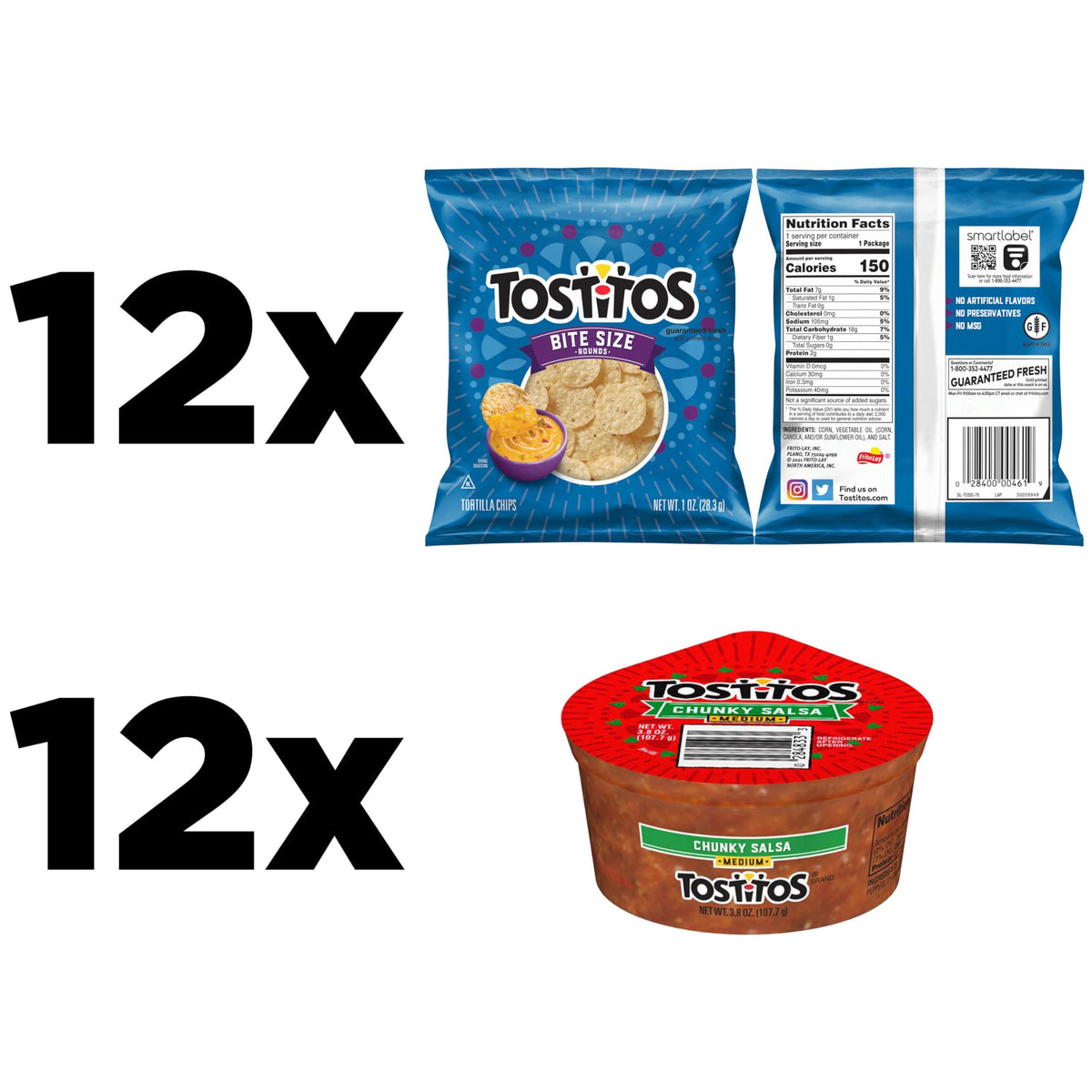 Frito Lay Tostitos Bitesize Rounds Chips and Salsa Dip Cups Variety Pack, (Pack of 24)