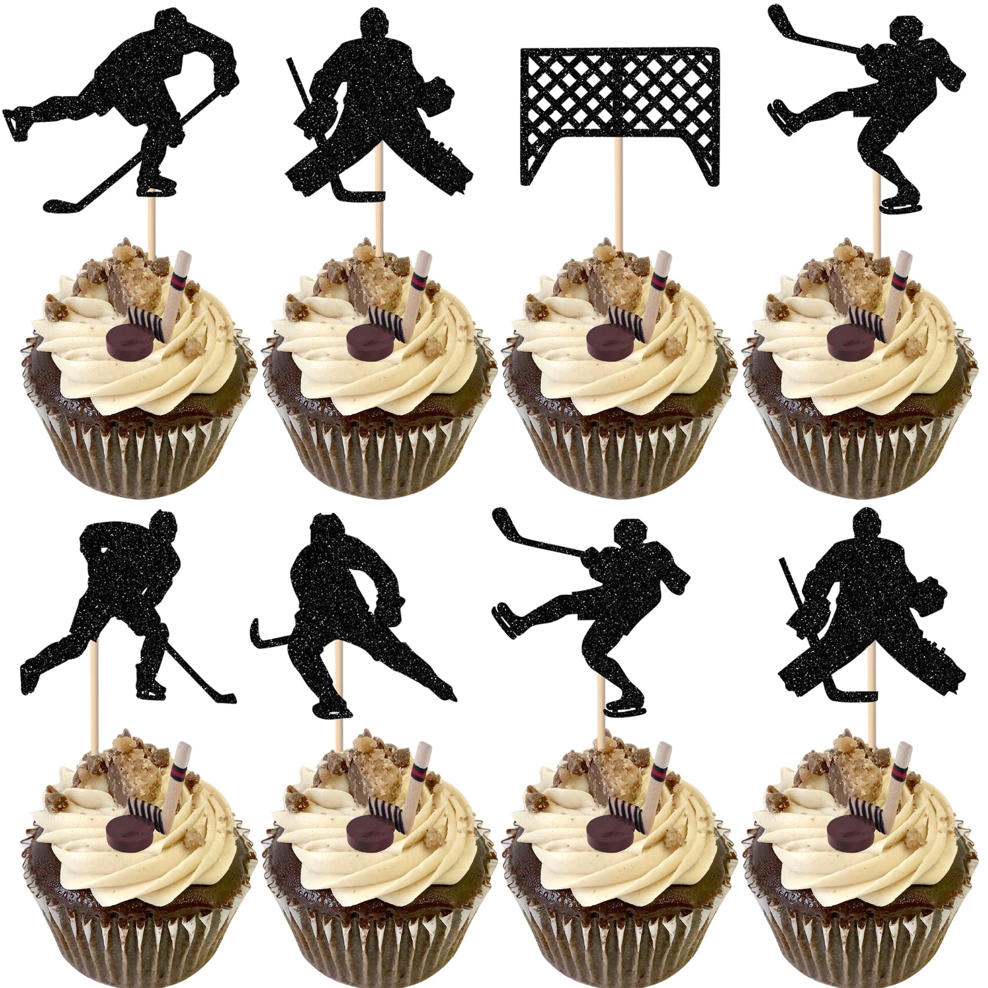 Rsstarxi Hockey Cupcake Toppers - 24 Pack Glitter Ice Hockey Picks for Birthday Party Decorations - Cardstock - Design 3