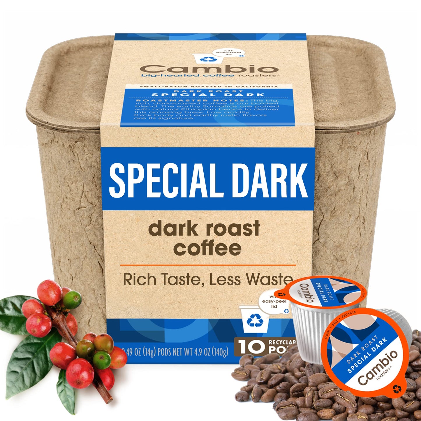 Cambio Roasters® Dark Roast Coffee Pods Recyclable Aluminum K Cup Dark Roast Coffee Pods Dark Roast, 10 Count, Kcup Compatible, 100% Arabica Beans