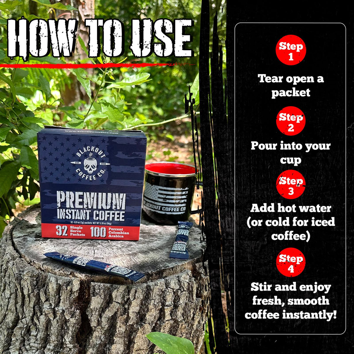 Blackout Coffee Colombian Arabica Instant Coffee - Medium Roast, Strong Aromatic, 32 Count Pack
