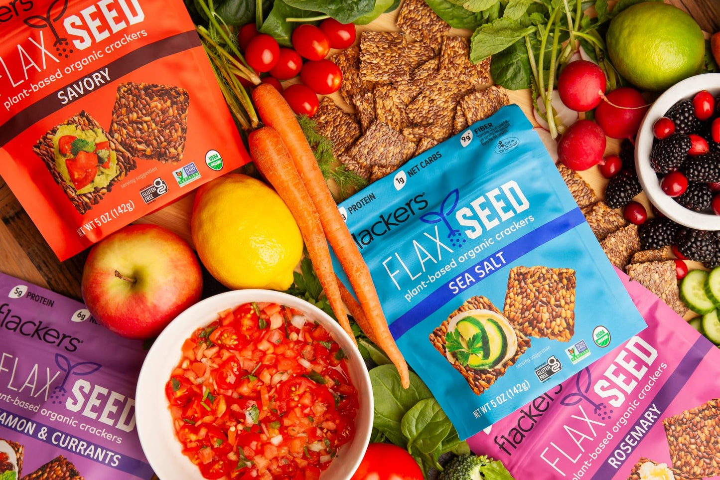 Flackers Organic Flax Seed  ers Variety Pack - Sea Salt, Rosemary, Savory & Cinnamon, Gluten Free, Vegan, 5 Ounce (Pack of 4)