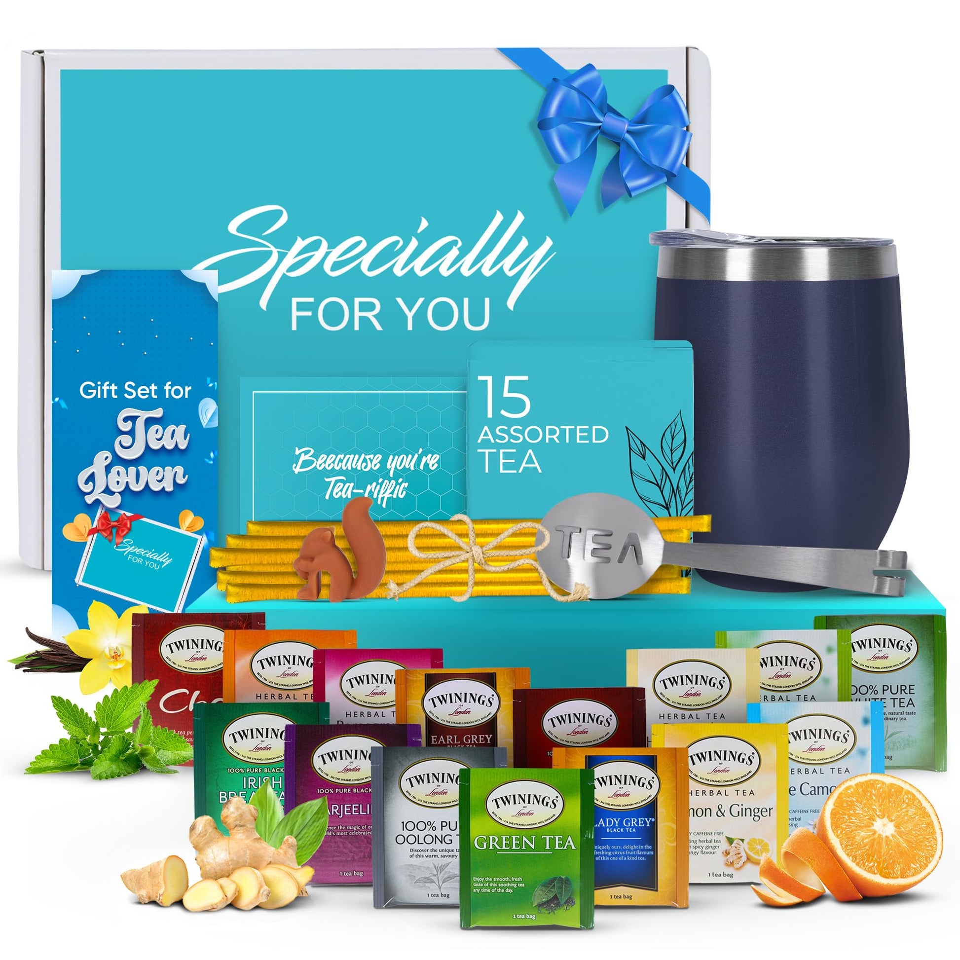Tea Gift Set For Women And Men – Elegant Tea Sets For Women Gift With 15 Unique Teas, Stainless Steel Tumbler & 10 Honey Straws In Enhanced Box (Blue)
