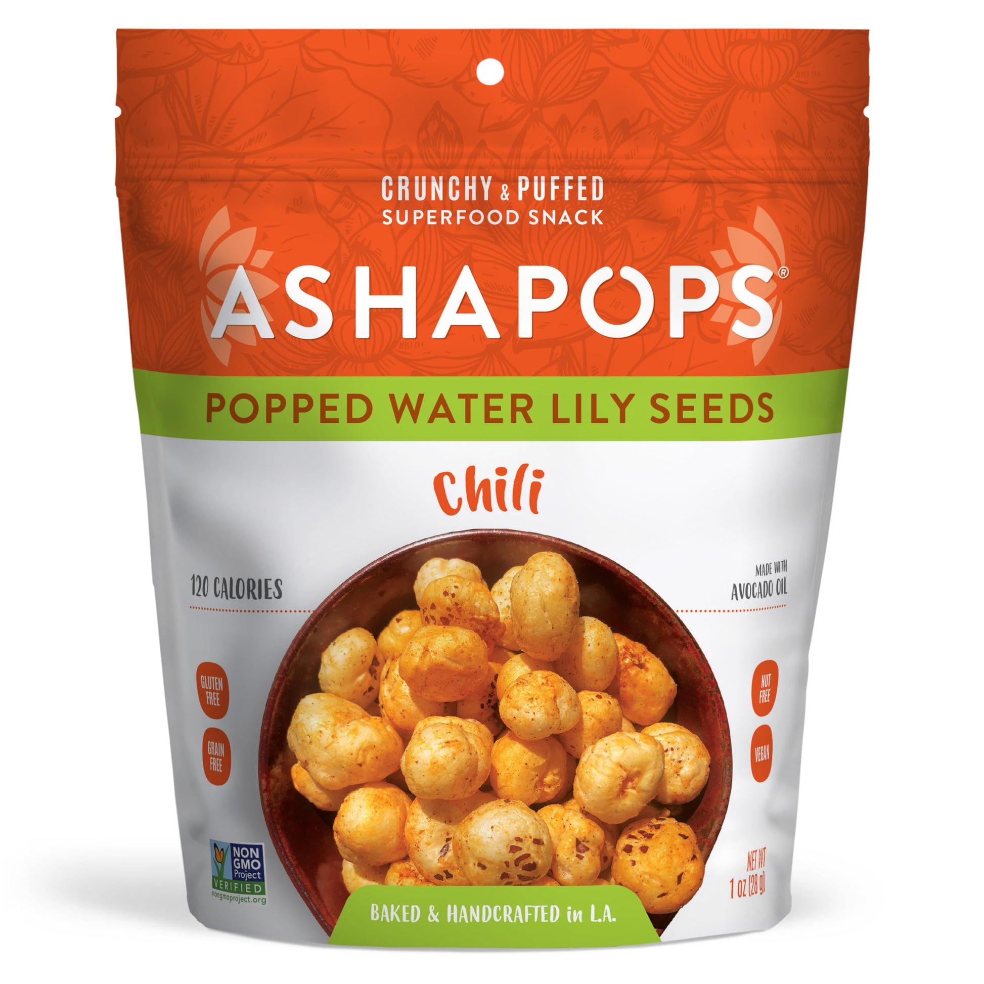AshaPops Chili Flavored Popped Water Lily Seeds, 1 oz (Pack of 1) - Gluten-Free, Vegan, Paleo, Nut-Free, Corn-Free, Soy-Free, No