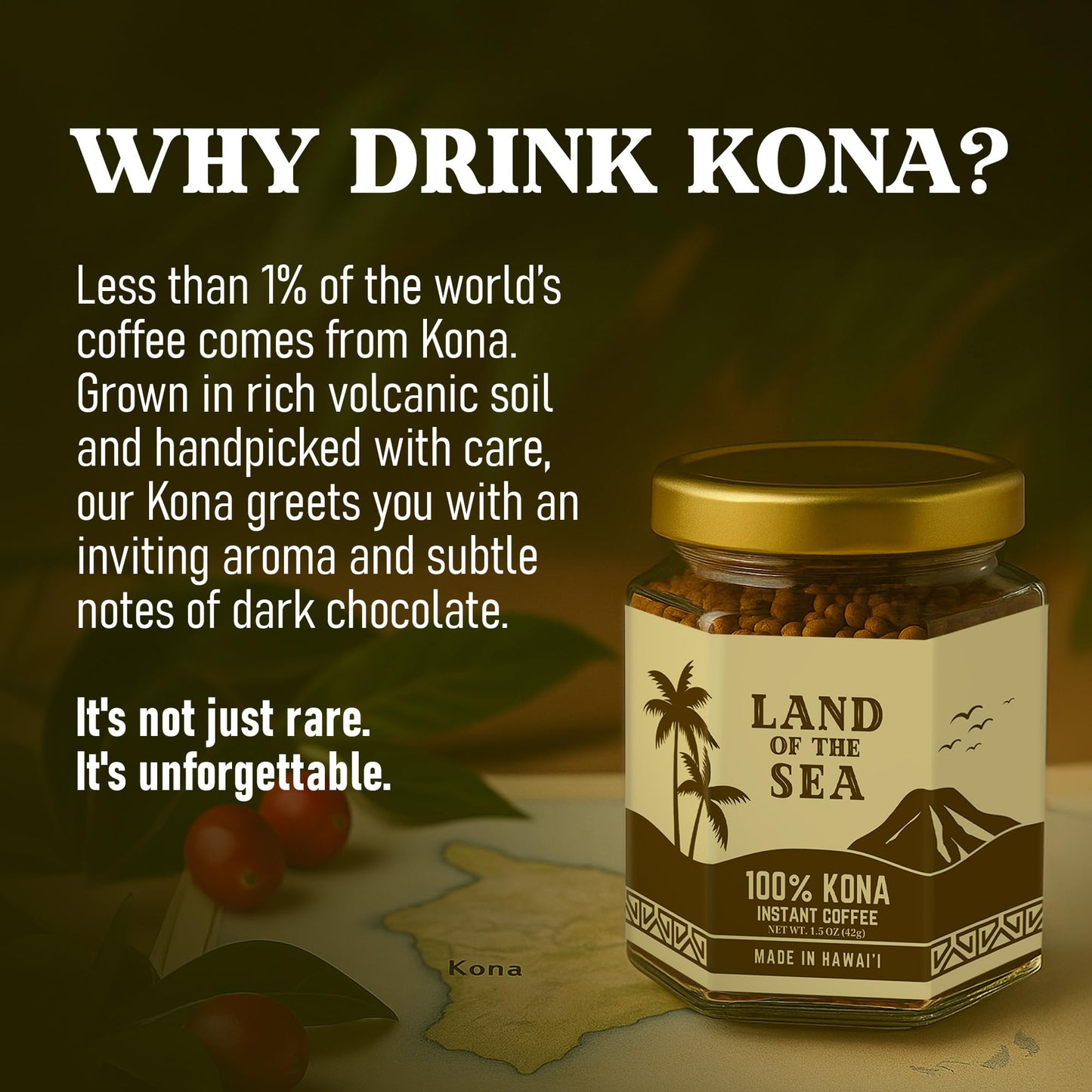 KONA COFFEE 100% - enhanced Freeze Dried Instant Coffee - Low Acid Coffee - Medium Roast Arabica Hawaiian Coffee  1.5oz (1 Pack | 22 Servings)