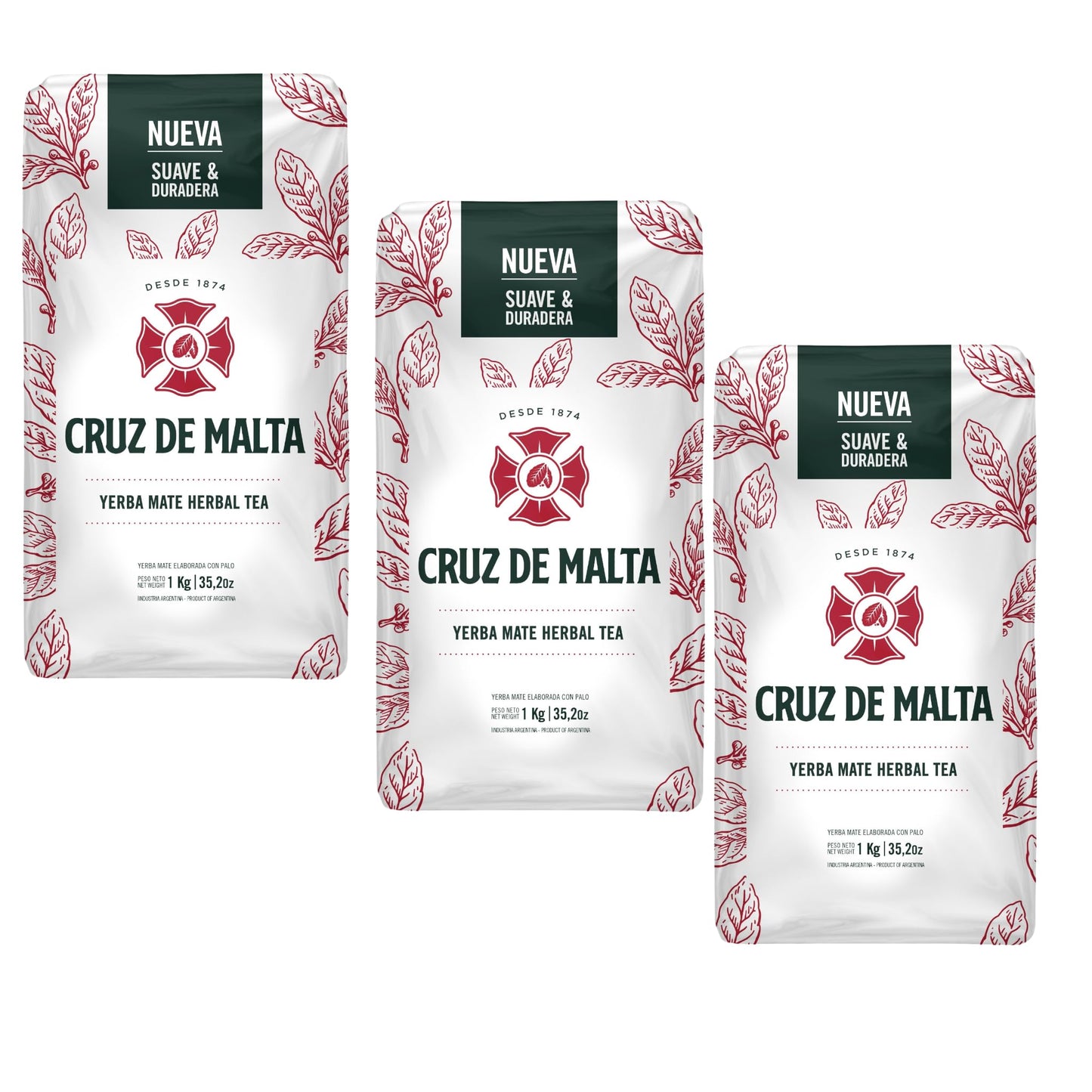 CRUZ DE MALTA Yerba Mate, 3-Pack, Suave y Duradera, 2.2 Lbs Each Bag, 35.2 Ounces