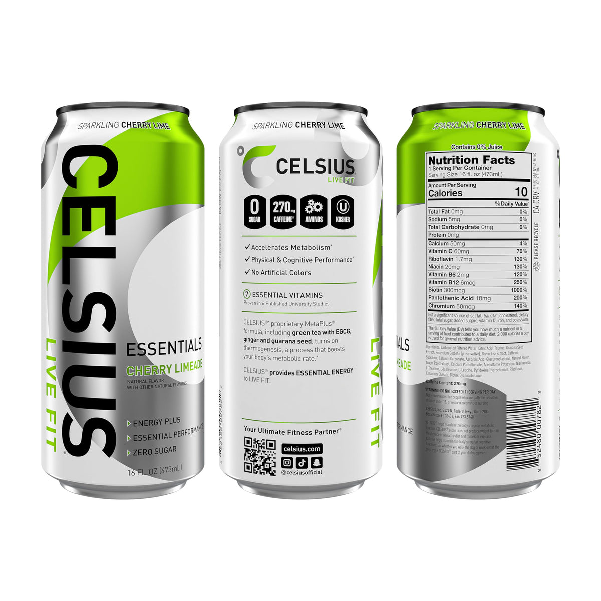 CELSIUS ESSENTIALS, Sparkling Cherry Limeade, Performance Energy Drink 16 Fl Oz (Pack of 12)