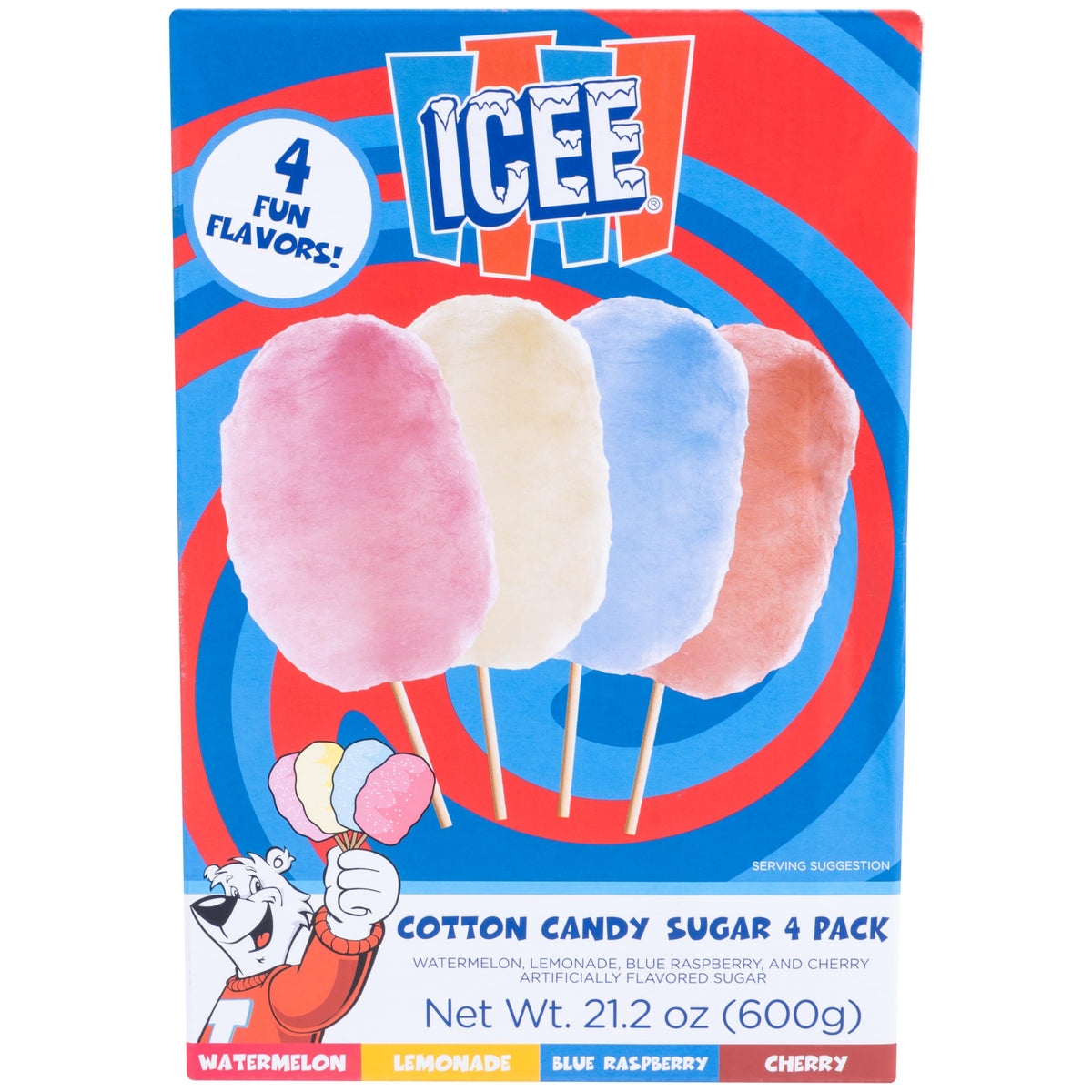 ICEE Cotton Candy Sugar. Pack of 4 Includes Watermelon, Lemonade, Blue Raspberry & Red Cherry Flavors. Officially Licensed ICEE 