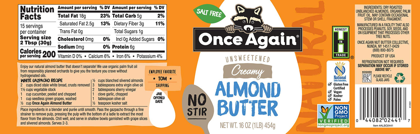 Once Again 2Pk Natural Creamy Almond Butter, 16Oz - No Stir - Salt Free, Unsweetened - Gluten Free Certified, Peanut Free, Vegan