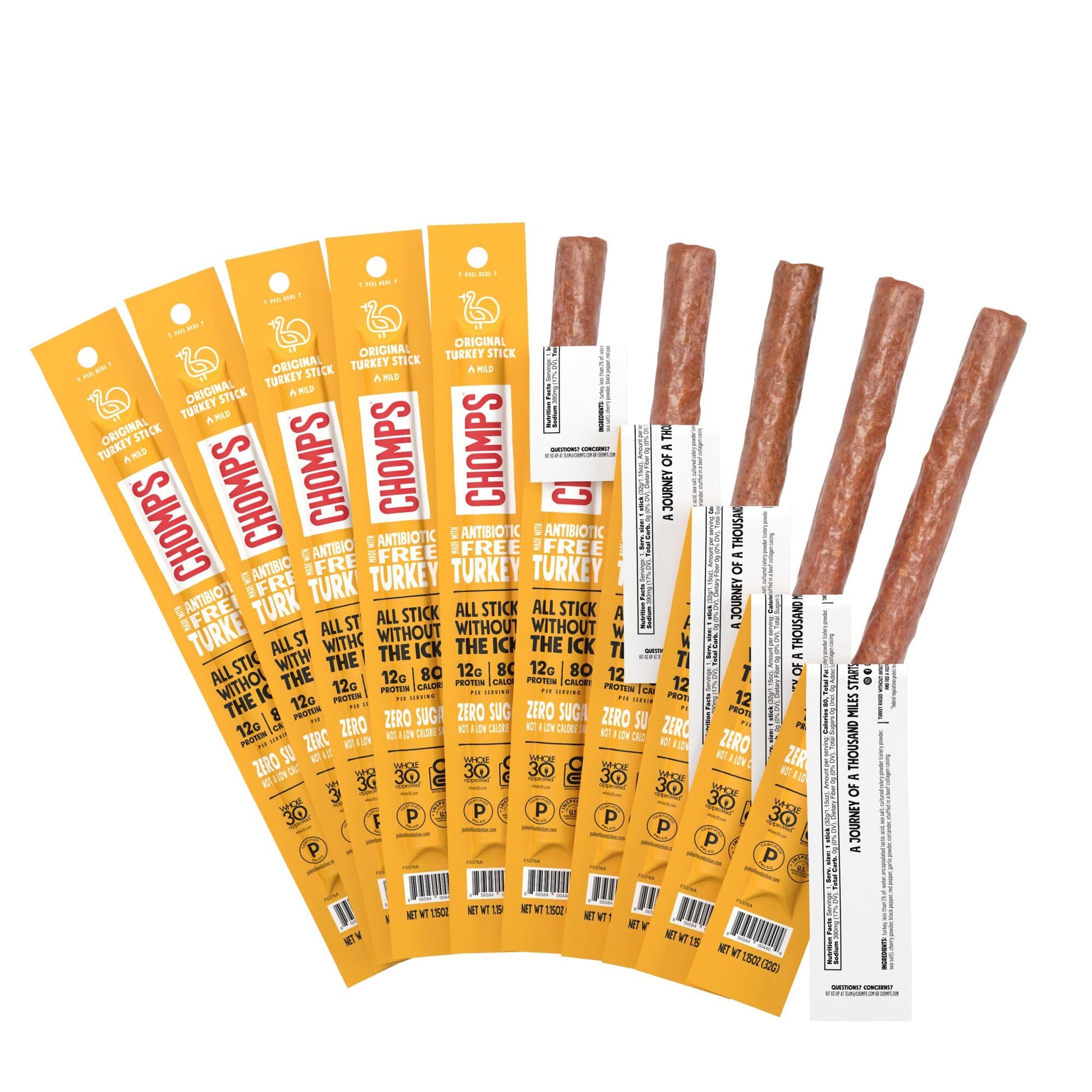 Chomps Turkey Jerky Snack Sticks - Keto, Low Carb, Gluten-Free, 12g Protein, 10-Pack, Yellow