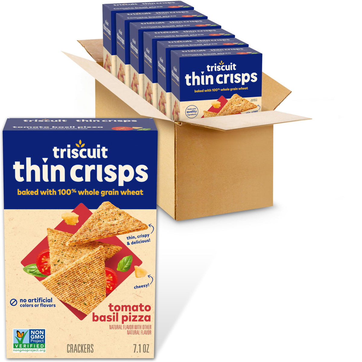 Triscuit Thin Crisps Tomato Basil Pizza Whole Grain Wheat Crackers, Lunch Snacks, Bulk Snack Crackers, 6-7.1 oz Boxes