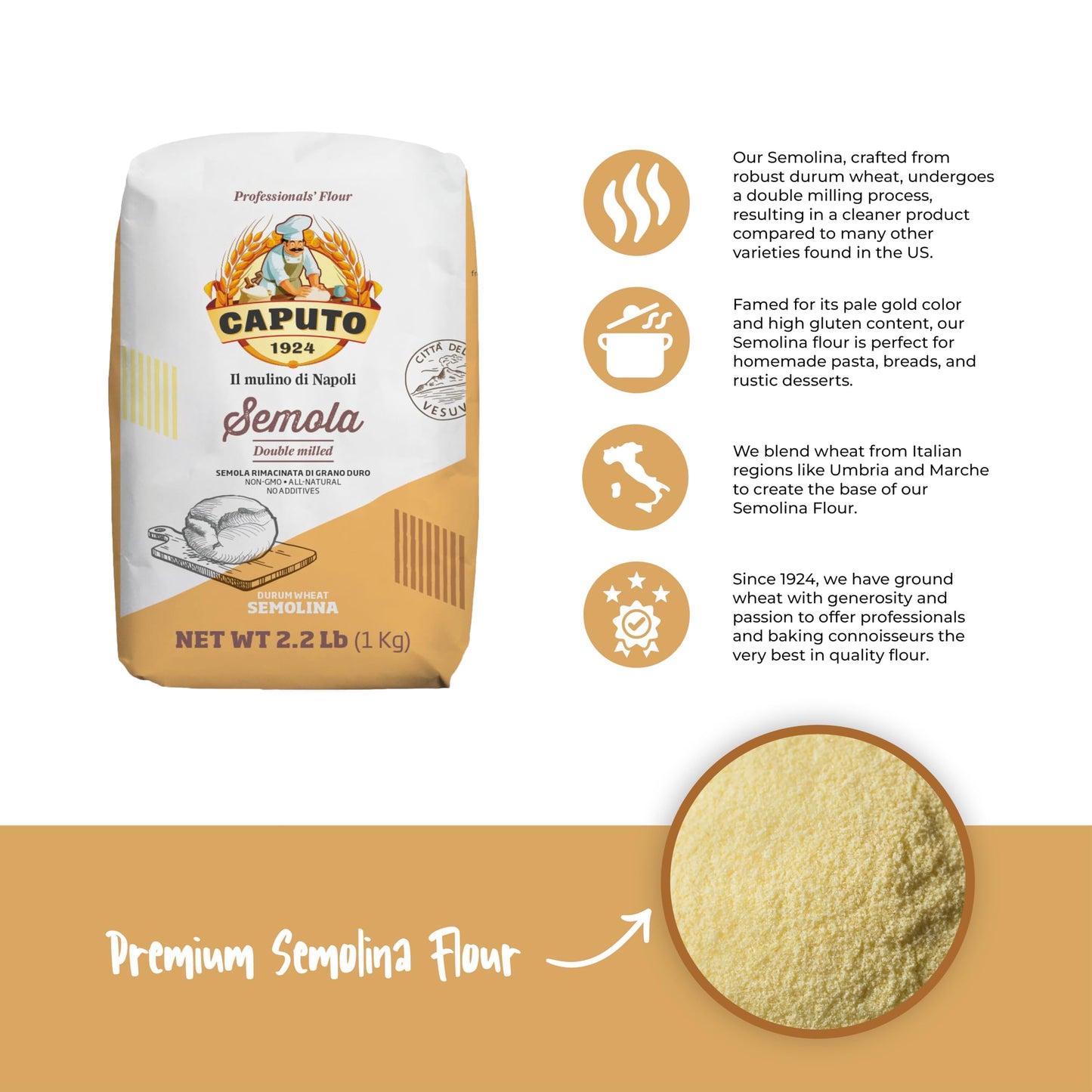 Antimo Caputo Semolina Flour 2.2 Lb Bag (Pack Of 4) - Semola Di Grano Duro, Italian All Natural Flour For Fresh Pasta & Bread Do