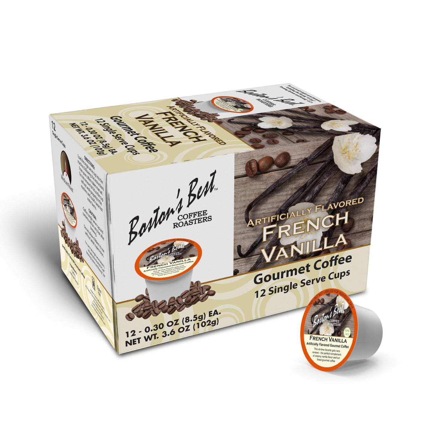 Bostons Best French Vanilla Coffee Pods, Medium Roast, 12 Single Serve Cups, Compatible with Keurig Coffee Maker, Model 017809009318