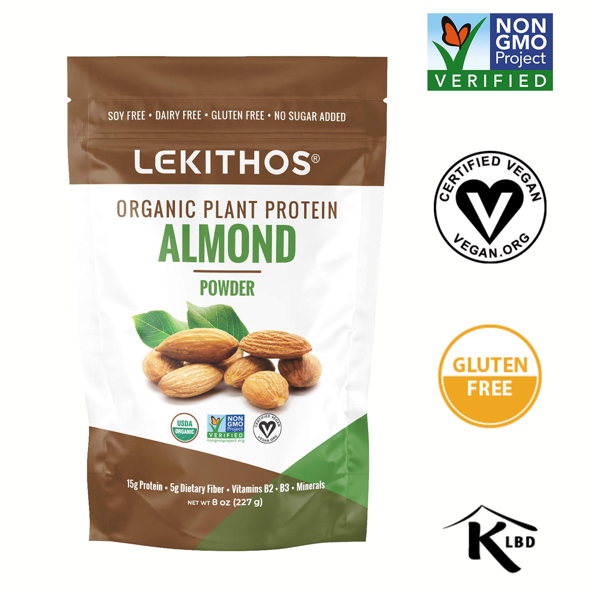 Lekithos Certified Organic Almond Protein Almond Powder - 8 oz -Single Ingredient - Non-GMO Project Verified