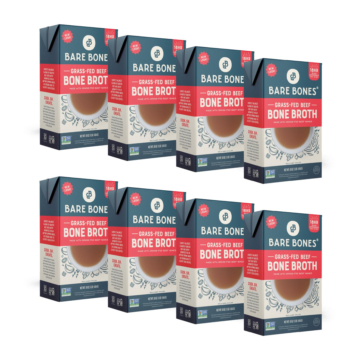 Bare Bones Beef Bone Broth, Grass-Fed, Non-GMO, Gluten & Dairy-Free, 16oz Carton, 8 Pack