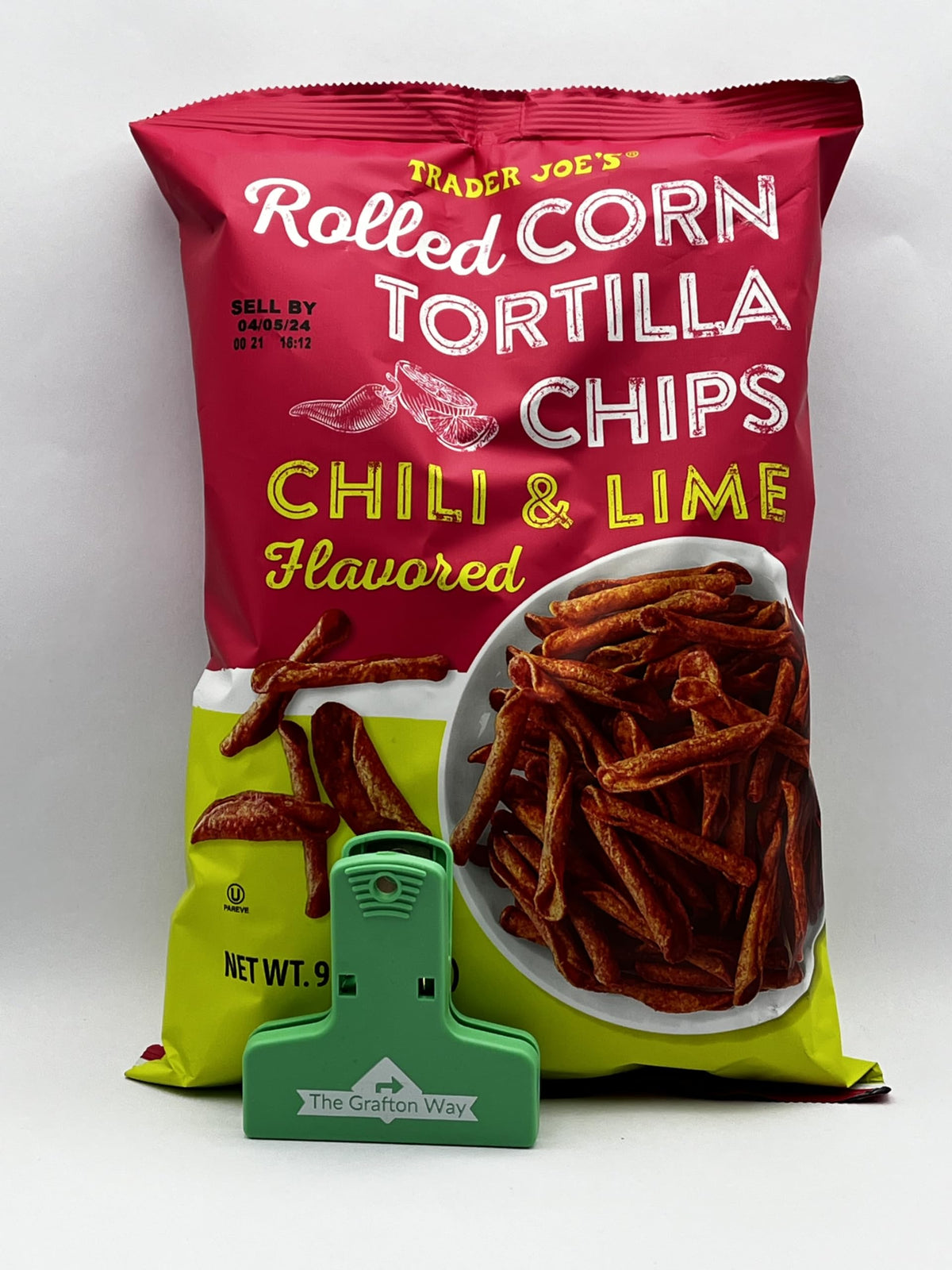 Trader Joe's Rolled Corn Tortilla Chips Chili & Lime Flavored with Grafton Way Chip Clip (1 Pack)