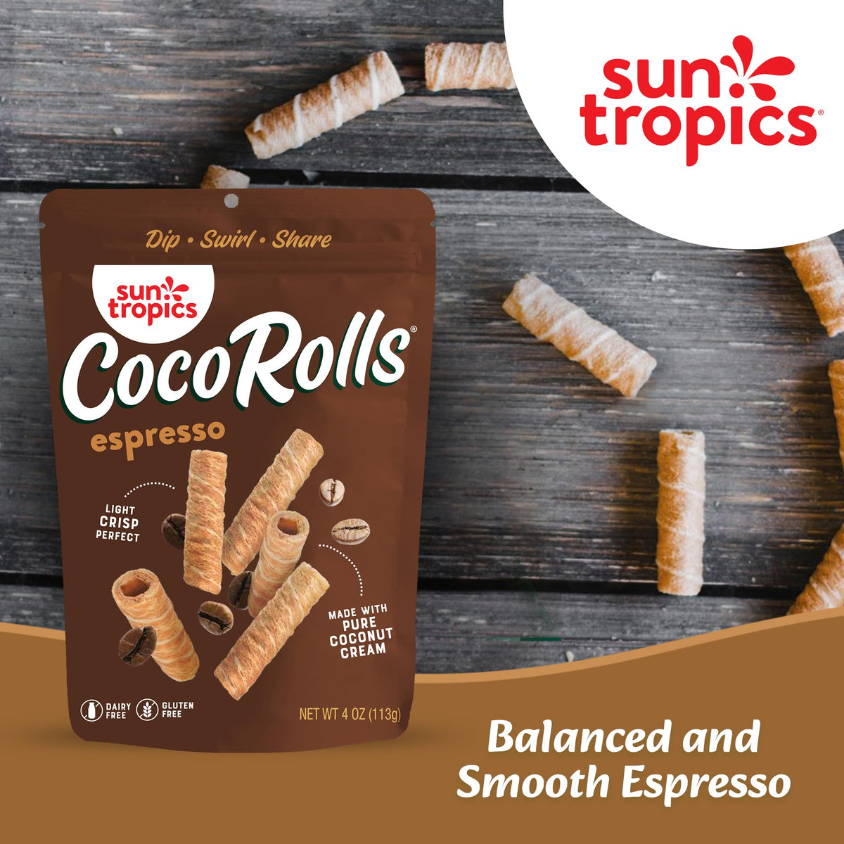Sun Tropics Cocorolls Espresso, Gluten Free, Dairy Free, Snack-Crisp Rolled Wafer Made With Pure Coconut Cream, 6 Count