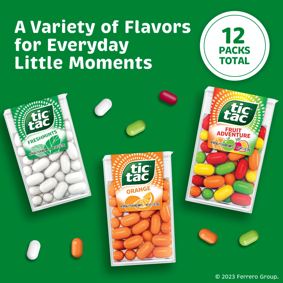 Tic Tac Flavor Variety Pack, 12 Count, On-The-Go Refreshment, Stocking Stuffers, 1 Oz Each