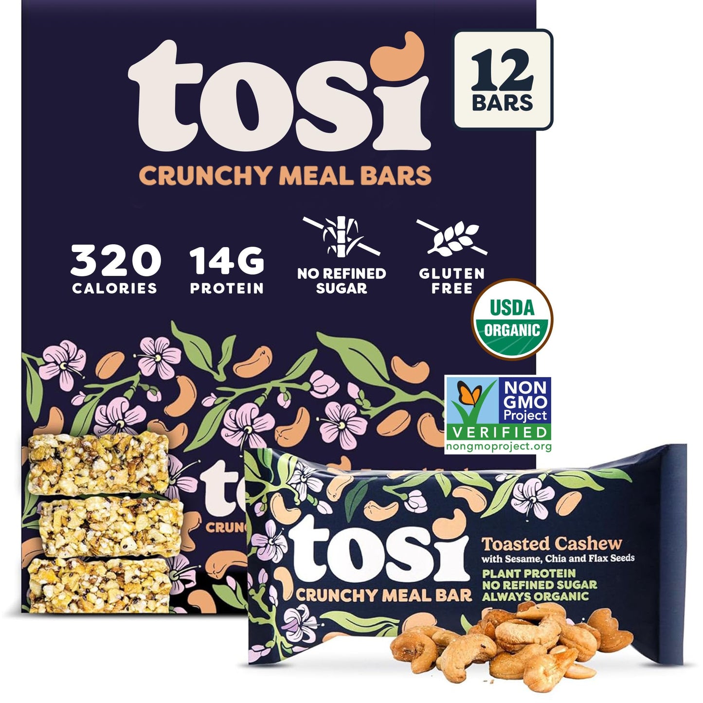 Tosi Meal Bars - Toasted Cashew, Crunchy Nut & Seed Vegan Snack Bars, 14g Plant Based Protein, Organic, Dairy, Soy & Gluten Free