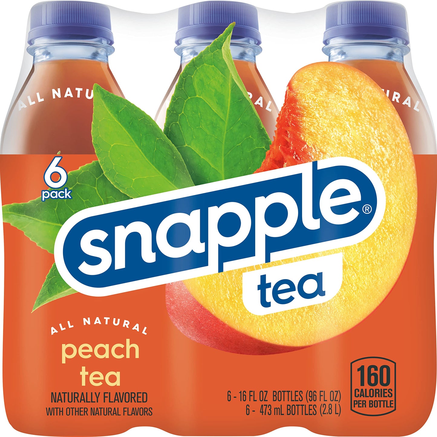 Snapple Peach Tea, 16 fl oz recycled plastic bottle, 6 pack