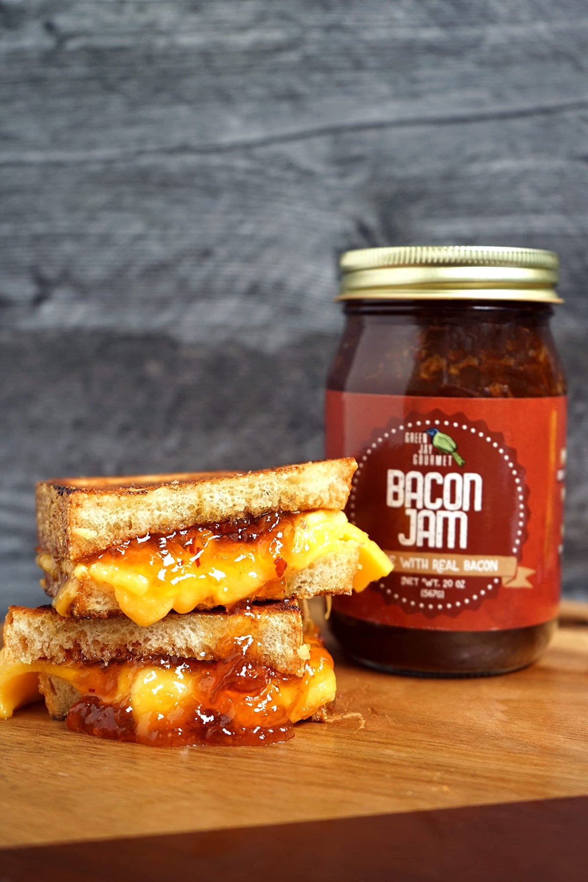 Green Jay Gourmet Bacon Jam - Classic Spread for Burgers  Sandwiches  Toast  Charcuterie - Sweet & Savory Flavoring for Meat Cuts  Poultry  Dressing - Zero Trans Fat  No MSG  Gluten-Free - 20 Ounces