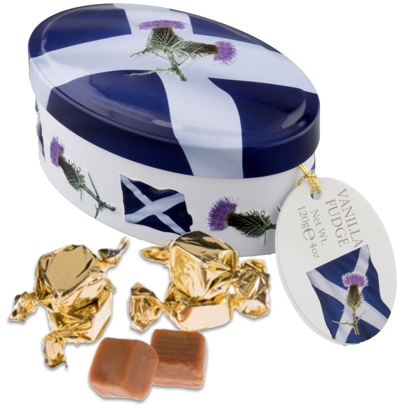 Gardiners of Scotland Handmade Fudge, Vanilla Flavor, 120g Oval Tin, Scottish Saltire Flag Design