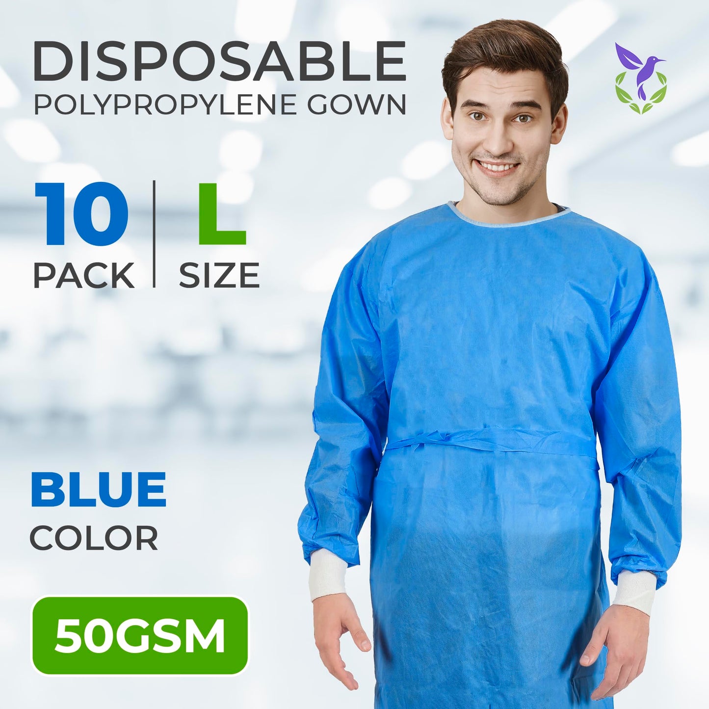 Disposable Medical Gowns Pack Of 10 Blue Isolation Gowns Disposable Frocks Large 50Gmm2 Polypropylene Ppe Medical Gown With Elas
