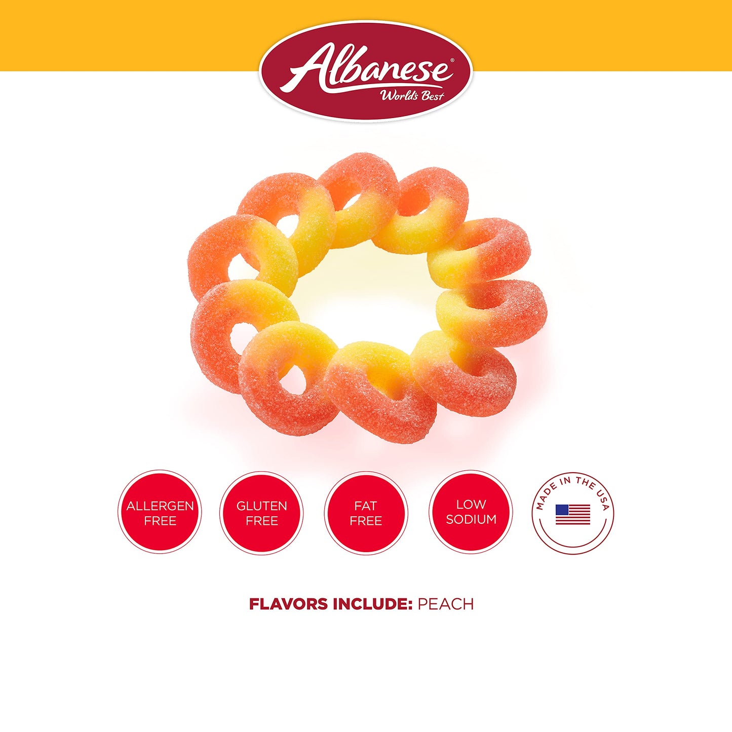 Albanese World's Best Gummi Peach Rings, 7oz Bag of Candy (Pack of 12), Individually Wrapped Soft & Chewy Candy Snacks