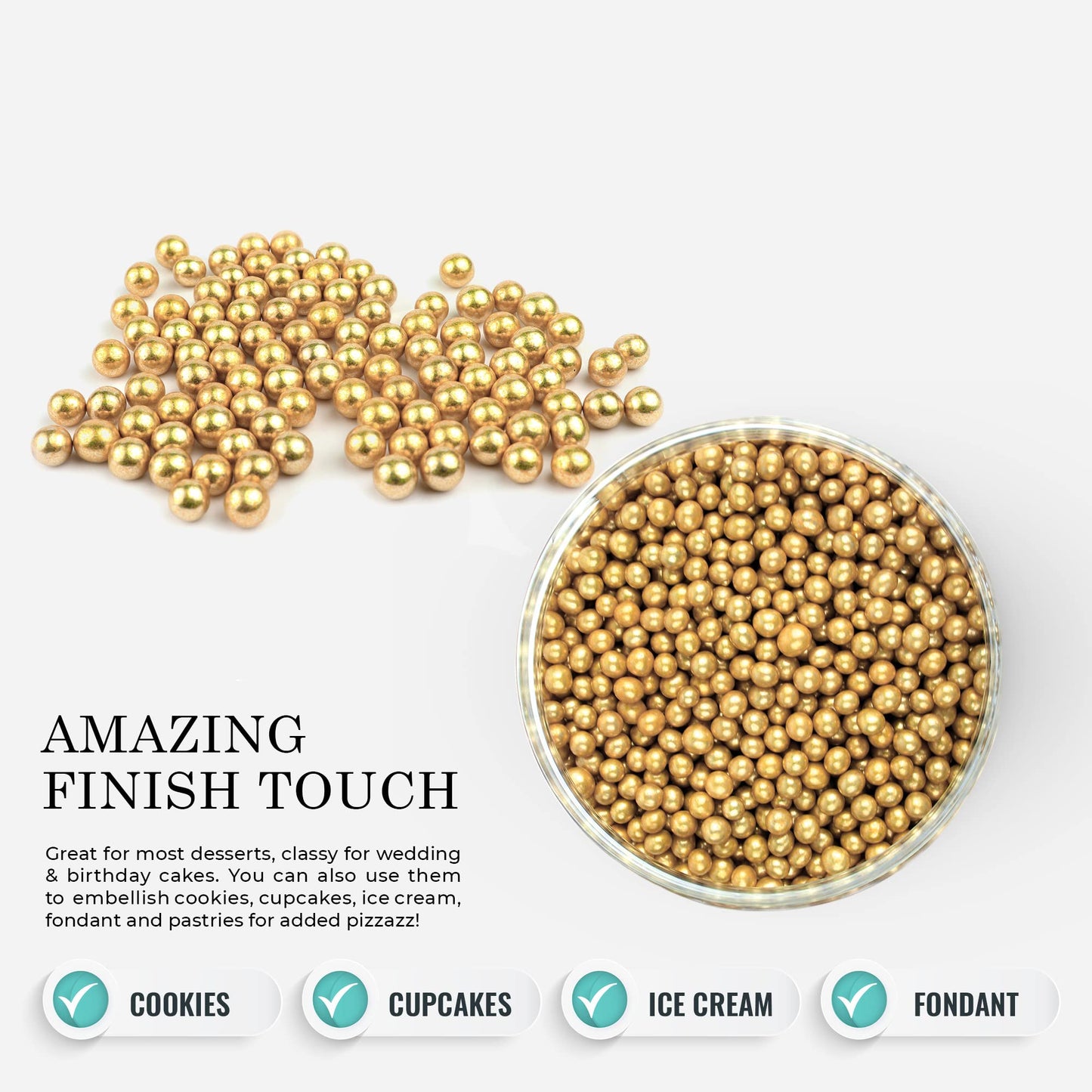 OCREME Gold Dragees Cake Decorating Supplies, Metallic Sphere Sprinkles, 3mm, 1 Pound, Not-Toxic, Non-Edible