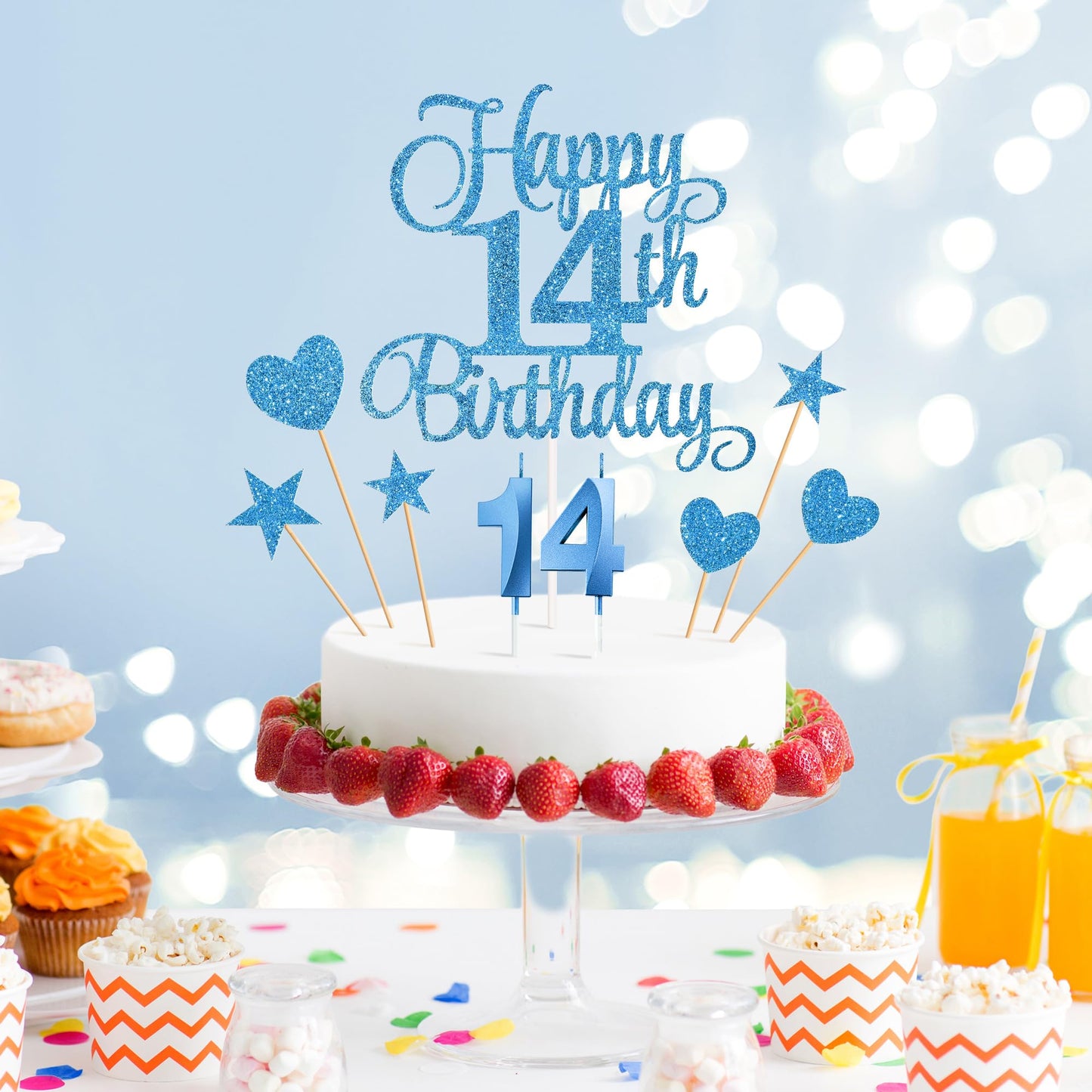 Lecferrarc 14th Birthday Cake Decorations Set, Glitter Happy 14th Cake Toppers and Candles, Blue, Paper