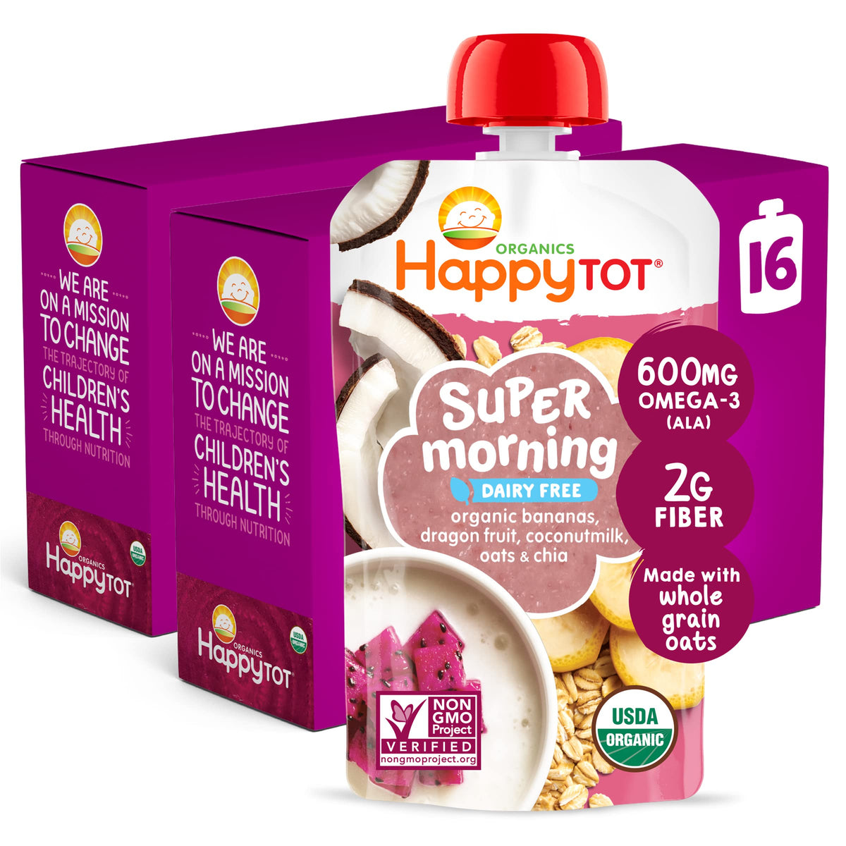 Happy Tot Organics Stage 4 Baby Food Pouches, Gluten Free, Vegan & Dairy Free Snack, Super Morning Fruit & Oat Blend, Bananas, D