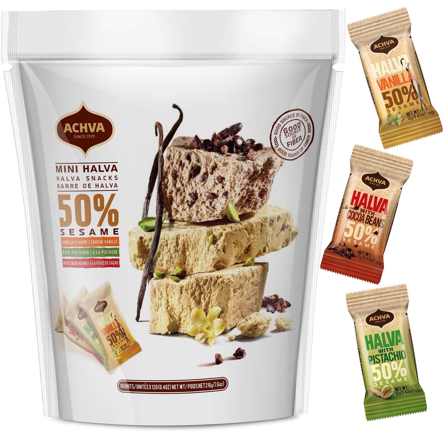 Halva Tahini Bar Mini Snacks - Assortment Of 18 Snack-Sized Halvah Pistachio, Vanilla, And Cocoa Bean Israeli Snacks - Vegan, Ko
