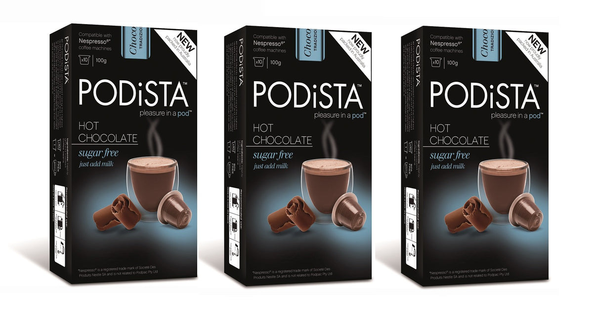 Podista Hot Chocolate Nespresso Compatible Capsules - Sugar Free - 30 Pods in 3 Boxes
