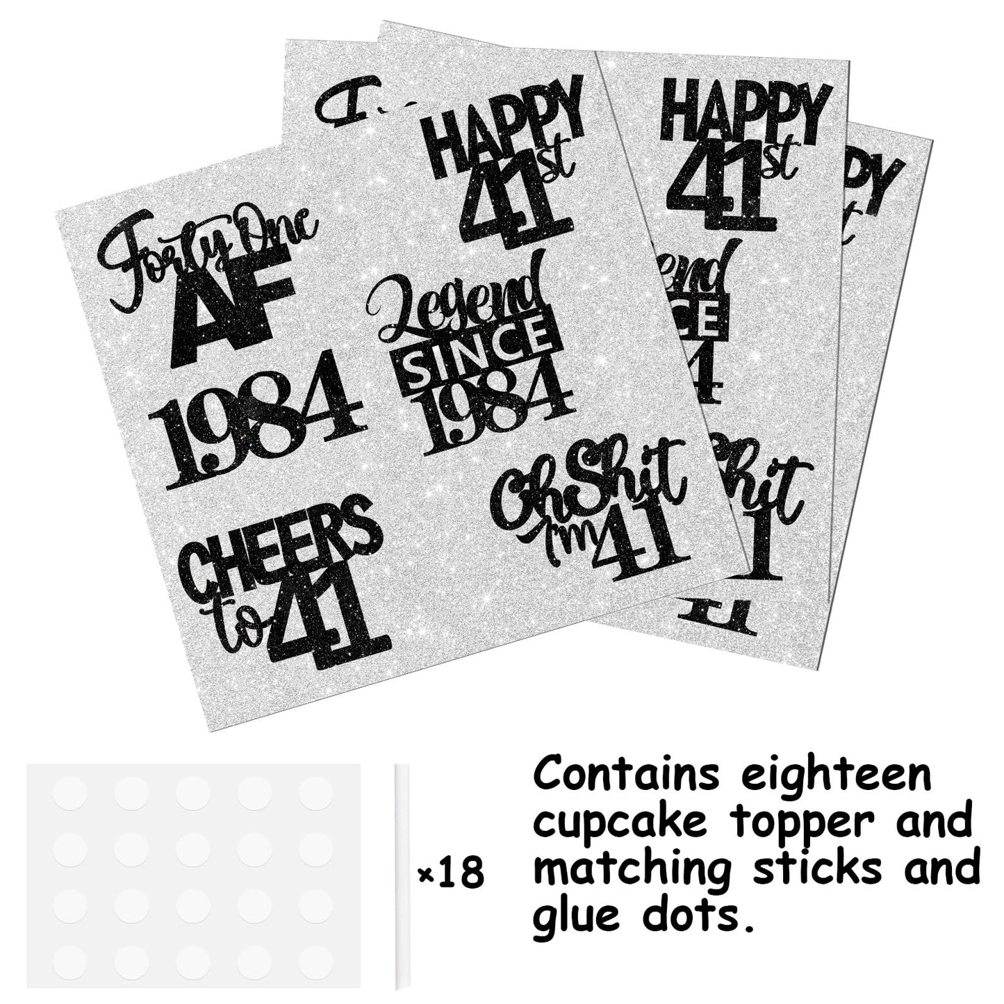 18Pcs Black Glitter Happy 41St Dessert Cupcake Topper Pick For Funny Legend Since 1984 Theme Decor Supplies Men Women Happy 41 B