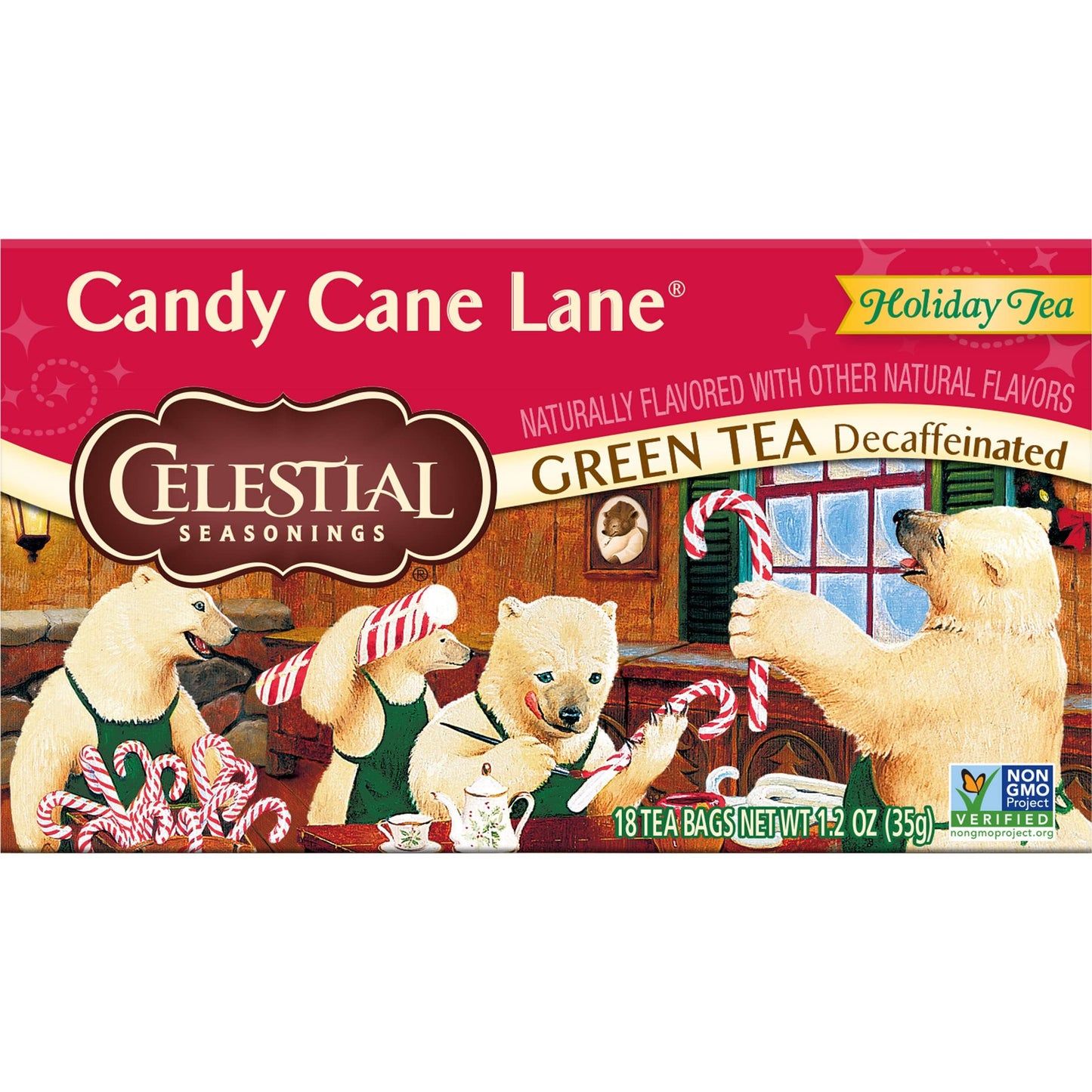 Celestial Seasonings Green Tea, Decaffeinated, Candy Cane Lane, 18 Count (Pack of 6)