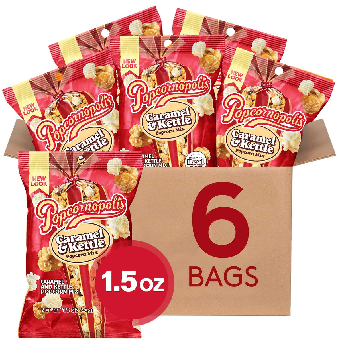 Popcornopolis Caramel & Kettle Mix 6 ct, 1.5 oz Case, Caramel & Kettle Mix Flavored Indulgent Popcorn