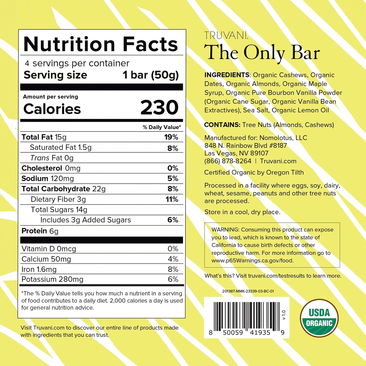 Truvani Plant Based Snack Bar | Lemon Bar 4 Pack | 6G Protein | Usda Organic And Vegan | The Only Bar | Dairy, Soy, And Gluten F