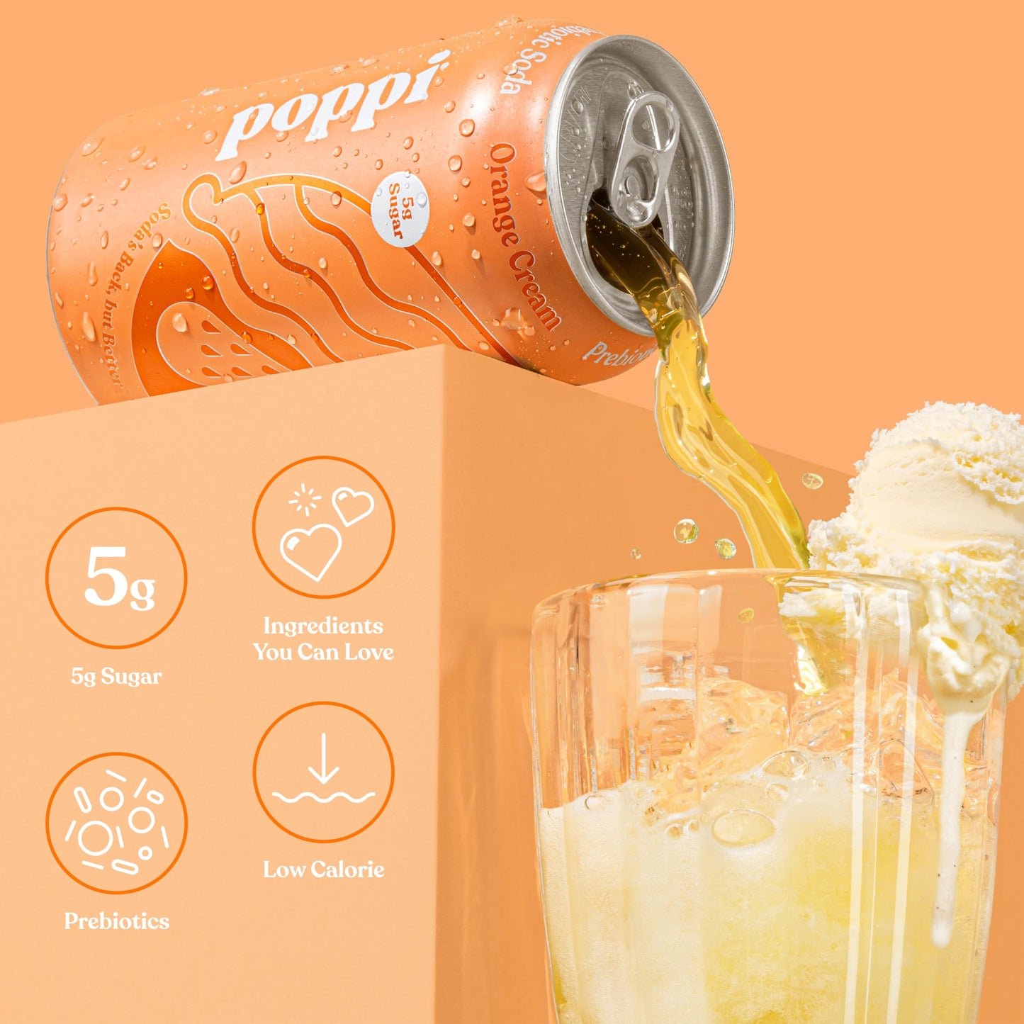 poppi Sparkling Prebiotic Soda with Apple Cider Vinegar, Orange Cream, 12 Fl Oz (Pack of 12)