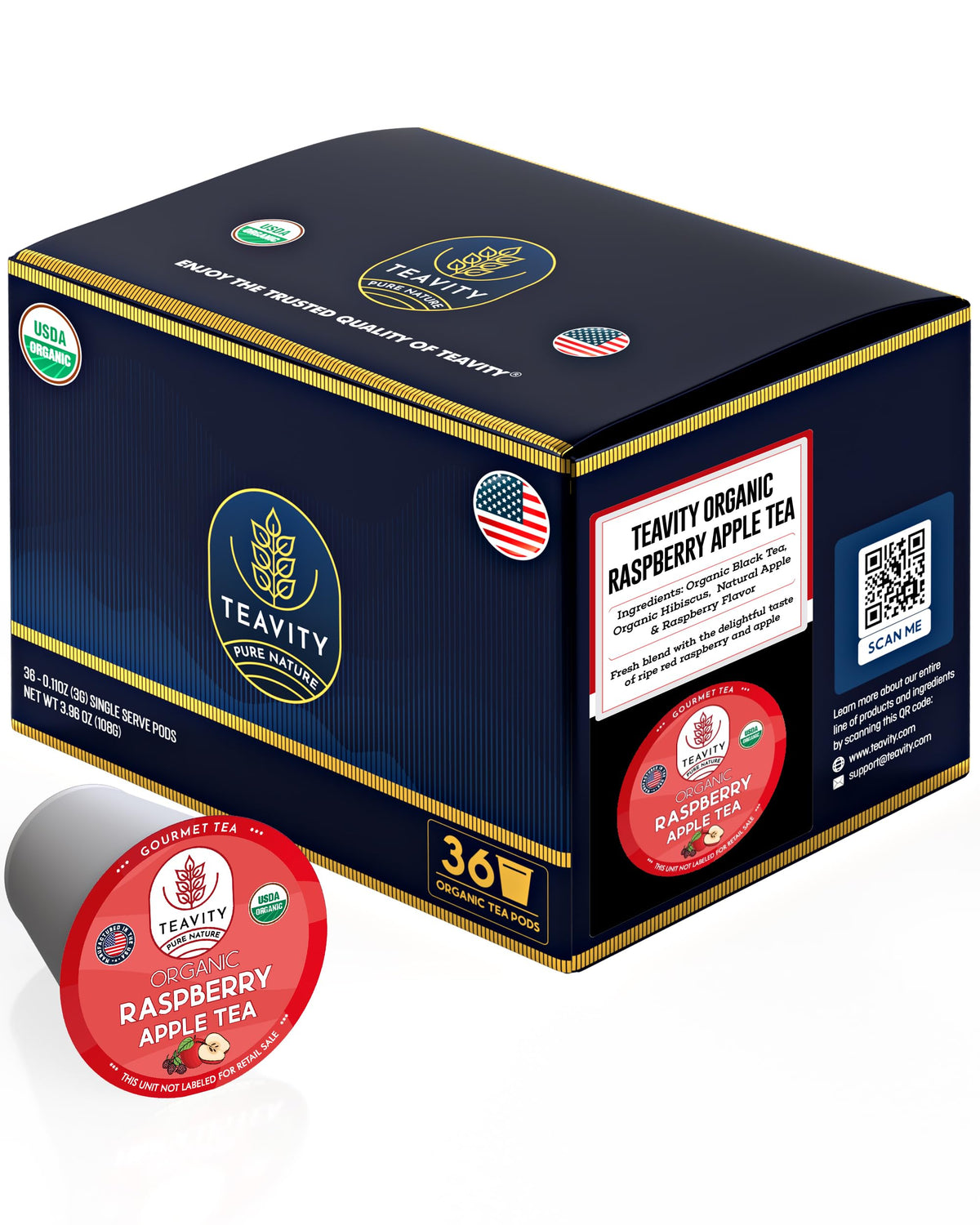 Organic Raspberry Apple Black Tea Pods for Keurig - Naturally Caffeinated Fruit Tea by Teavity (36 Tea Pods)